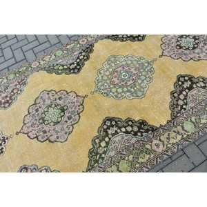 Vintage Large Rug 4.7x9.4 ft, <b>Yellow</b> Floral Turkish <b>Wool</b> Rug - Product Image 5