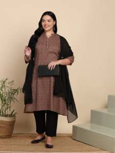 Kurta Droite en Coton à Rayures Imprimées pour Femmes avec Pantalon et Dupatta Longueur Mollet Col Mandarin Manches Trois Quarts Multi - Product Image 6