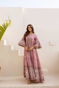 Vestido Maxi Bohemio para Mujer, Estilo Ecológico, Estampado Floral Rosa Indio, Cuello en V, Algodón, Kaftán, Mangas Anchas, Étnico, Verano - Product Image 5