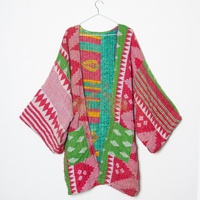Nouveauté, robe kimono ethnique multicolores de style bohème vintage, veste en coton Kantha faite à la main