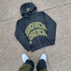 Chándal de algodón pesado para hombre, ropa de calle, chándal Unisex con apliques de parche desgastado Vintage bordado lavado con ácido - Product Image 3