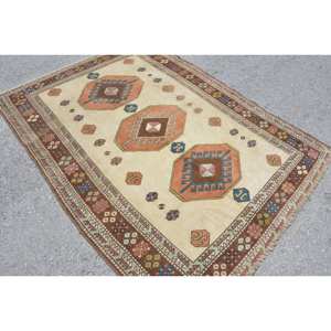 Traditionnel Beige Marron 5.1 X 6.9ft Vintage Turc Tapis Laine Faux Lapin Fourrure Latex Support Patchwork Couloir Rectangle Buffet - Product Image 2
