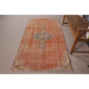 Alfombra de 3.7x6.8 pies, Alfombra Turca Vintage, Alfombra a Cuadros Naranja y Azul - Product Image 3