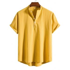 Chemise d'été pour homme à rayures, couleur unie, col montant, boutonnée, manches courtes, décontractée - Product Image 4