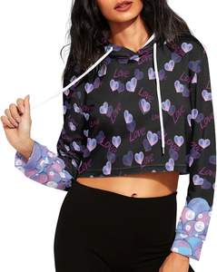 <b>Women</b> Crop Top Hoodies 100% Cotton <b>Fleece</b> High Quality <b>Women's</b> Cropped Hoodies Long Sleeves Cute Heart <b>Pattern</b> Printed Crop Top - Product Image 2