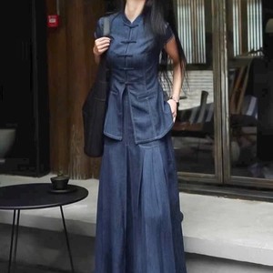 ชุดเสื้อและกระโปรงสไตล์กี่เพ้าผ้าเดนิมพรีเมียมสำหรับผู้หญิง - Product Image 6