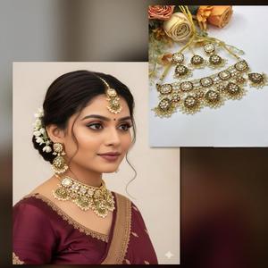 Classic High Quality Gold Plated Stone Look Design <b>Moissanite</b> <b>Necklace</b> Earrings Tikka Set For Women Wedding Engagement Wear - Product Image 2