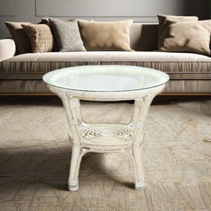 Table basse moderne en rotin/osier de conception asiatique Tafano avec plateau en verre pour le salon, non pliable - Product Image 2