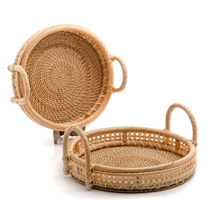 Elegant Natural Seagrass Rattan Set of 2 <b>Serving</b> <b>Trays</b> with Handle, High Quality Natural Round <b>Serving</b> <b>Trays</b> Handmade in Vietnam - Product Image 6