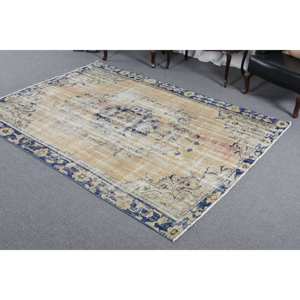 พรมขนสัตว์สไตล์ตุรกีวินเทจ, สีเบจสีน้ำเงิน6'1 "x 8'5" "ผืนใหญ่ทรงสี่เหลี่ยมผืนผ้าลายแอบสแตรกสำหรับพรมห้องโถงยาง - Product Image 2