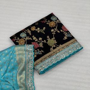 Sari de Seda Dola Pura VASTRA COTTAGE con Bordado Meenakari y Zari, Borde de Lentejuelas y Cordón, y Blusa en Contraste - Product Image 1