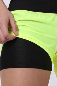 Shorts de course pour femmes jaune fluo taille haute avec poches, séchage rapide, shorts de sport, taille élastique, tissu tricoté - Product Image 5