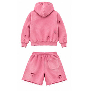 Conjunto de Sudadera con Capucha y Pantalones Cortos de Invierno para Hombre, Calidad Premium, 100% Algodón Felpa, Transpirable, Estilo Urbano, Diseño Desgastado - Product Image 4