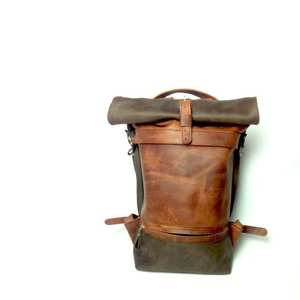 Vintage <b>Large</b> Capacity Rolling Top <b>Rucksack</b> Durable Genuine Leather Backpack with Anti-Theft Feature LRTB-0059 for Outdoor Use - Product Image 2