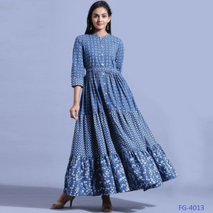 Nueva llegada Odette muselina azul claro impreso vestido cosido estilo Rajasthani en línea Kurti ropa india y paquistaní precio bajo - Product Image 4