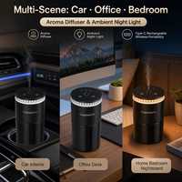 Diffuseur d'arômes intelligent pour voiture, lumière d'ambiance 360°, brume nano ultrasonique, rechargeable par type-C, sans fil