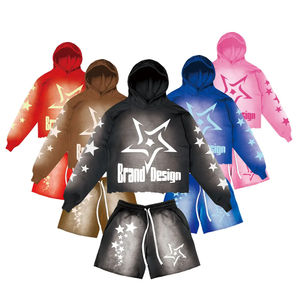 Conjunto de Sudadera con Capucha y Pantalones Cortos para Hombre, Estilo Desgastado, Estampado, 100% Algodón, Felpa Francesa, Liso, Desteñido al Sol - Product Image 1