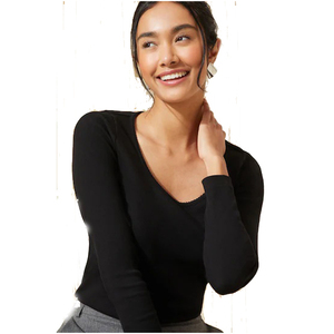 Tops de mujer de verano de manga larga con cuello redondo Slim Fit acanalado de punto básico camisetas 100% tela pura camiseta sólida - Product Image 3