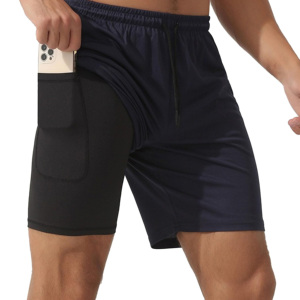 Shorts de sport double couche en polyester respirant et écologique avec logo personnalisé, longueur genou, fermeture éclair, maille 2-en-1, pour l'été - Product Image 1