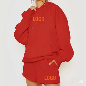 Ensemble sweat à capuche et short en molleton de coton lourd de haute qualité pour femmes survêtements solides tricot survêtement deux pièces - Product Image 4