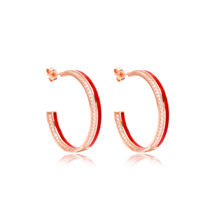 Pendientes de aro de piedra CZ transparente de esmalte rojo turco hecho a mano al por mayor joyería de plata esterlina 925 - Product Image 5