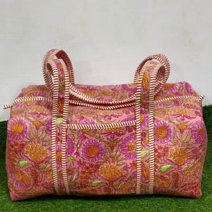 Indian Handmade Comfortable Cotton Fabric Quilted Duffle <b>Bag</b> for <b>Women</b> Casual Travel <b>Weekender</b> Zipper Shopping Shoulder - Product Image 1