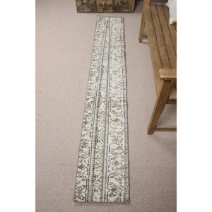 Vintage Turkish <b>Runner</b> <b>Rug</b> 1.2x7.5 ft, White Check <b>Rug</b> Wool - Product Image 1