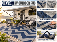 Karpet Luar Ruangan RV Retro Sunrise Reversible Oranye Coklat Bahan PP Anyaman untuk Patio Camper Ukuran Kustom OEM