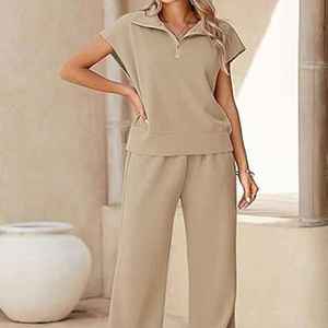Ensemble de vêtements décontractés confortables pour femmes, personnalisé par OEM, composé d'un pull sans manches lourd et d'un pantalon large assorti - Product Image 2