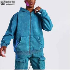 100% coton lavé à l'acide Vintage fermeture éclair vers le haut hommes ensembles personnalisés de haute qualité Design de mode lavage à l'acide survêtements survêtement - Product Image 3