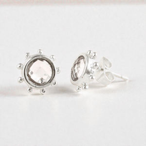 <b>White</b> Clear Quartz Gemstone Stud Earrings 925 Sterling Silver Beaded Bezel Round Minimalist Moissanite Wholesale Jewelry - Product Image 1