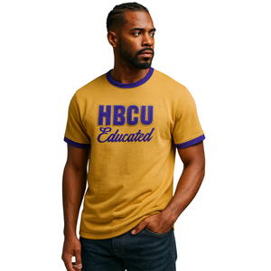 HBCU hombres educados Chenille contraste Trim Ringer camiseta oro con letras bordadas púrpura algodón suave ropa universitaria - Product Image 1