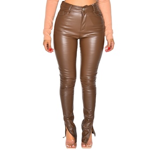 Nouvelle tendance femme taille haute Vintage pantalon en cuir décontracté marron Faux PU avec jambe droite respirante taille moyenne pour l'hiver - Product Image 1