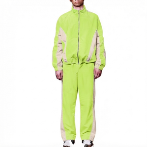 Men's Lime Green Vintage Color Blocking Hooded Drawstring Closure Flared Regular Fit Spandex/Cotton Breathable Tracksuit Side - Product Image 1