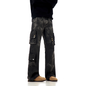 Pantalon Cargo en Denim Délavé à Poches Multiples pour Homme Style Utilitaire avec Bouton Décoration Respirant Taille Moyenne pour Toutes les Saisons - Product Image 2