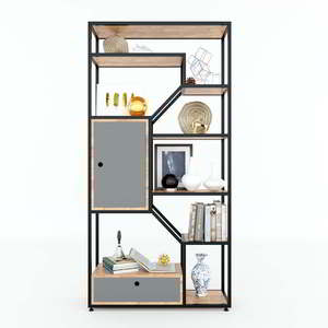 Estante Decorativo de Diseño Industrial Moderno de 90x30x180cm con Gabinete de Madera de Caucho KTB68072, Mueble de Sala de Estar con 5+ Compartimentos - Product Image 2