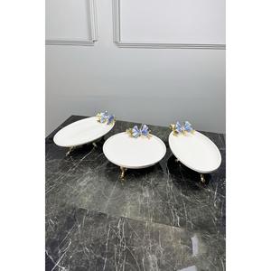 Set di servizio per la presentazione di 3 pezzi a farfalla blu e piatto rotondo per barca con piedi d'oro