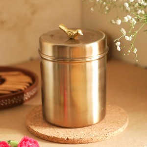 Brushed Gold Metal Storage Jar with Decorative Bird Lid Modern Luxe Home & Kitchen Container At Best Price - Product Image 1