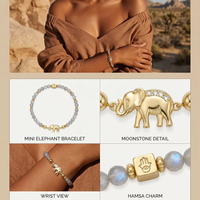 Bracelet Protection Éléphant en Pierre de Lune, Billes Facettées Grises 4mm, Plaqué Or 18K, pour Femme, Cadeau Bien-être, Vente en Gros