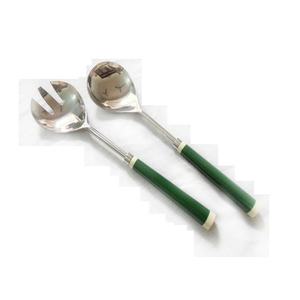 Ensemble de serveurs à salade décoratifs en acier inoxydable argent poli à la main avec poignée d'extrémité blanche en résine d'émail vert - Product Image 1
