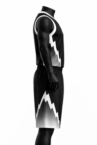 Ensemble Maillot et Short de Basketball Personnalisé en Gros – Design Éclair Noir et Blanc Sublimé – Tenue d'Équipe Respirante - Product Image 3