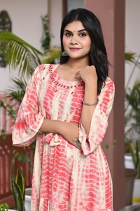 New Traditional Summer Wear Printed Cotton Long Sleeve O-neck Long Vintage Beach Maxi <b>Kurti</b> for Women - Product Image 3
