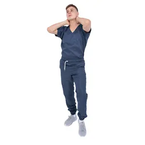 Homens Cirúrgicos Jogger Azul Marinha Scrub Set-Manga Curta V-Neck Top e Calças Jogger (Custom)
