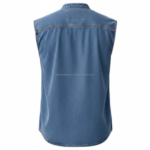 Camiseta Henley sin mangas de mezclilla para hombre, personalizada OEM, estilo vintage, lavado azul, chaleco informal de jean con bolsillo en el pecho - Product Image 4