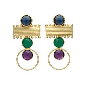 ต่างหูทรงกลมพลอยสีเขียวและอเมทิสต์พลอยสีเขียวพร้อมหัวราชวงศ์ต่างหูอัญมณีต่างหูทำมือ - Product Image 1