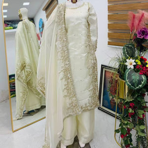 New Designer Party Wear Jimmiy Choo Embroidery Siqunce <b>Top</b> Pallazo & Dupatta Set - Product Image 1