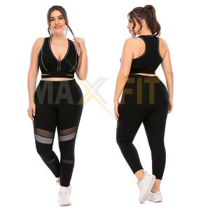2024 Women's High Quality Yoga Wear Set Plus Size Workout Mesh <b>Leggings</b> with Pocket Solid <b>Pattern</b> Top Design - Product Image 1
