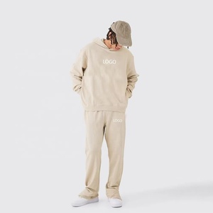 Ensemble de survêtement unisexe beige à capuche, pantalon de jogging imprimé longueur intégrale, 100 % coton respirant, taille élastique, anti-boulochage - Product Image 1