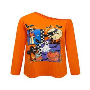 Camiseta informal de alta calidad con cuello inclinado suelto con gráfico de calabaza y bruja de gato negro de Halloween para mujer - Product Image 1