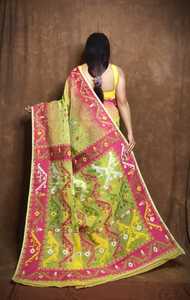 Sari Khadi con estampado de bloques para mujer, Sari tradicional hecho a mano amarillo granate, sari de algodón Khadi amarillo ligero - Product Image 2